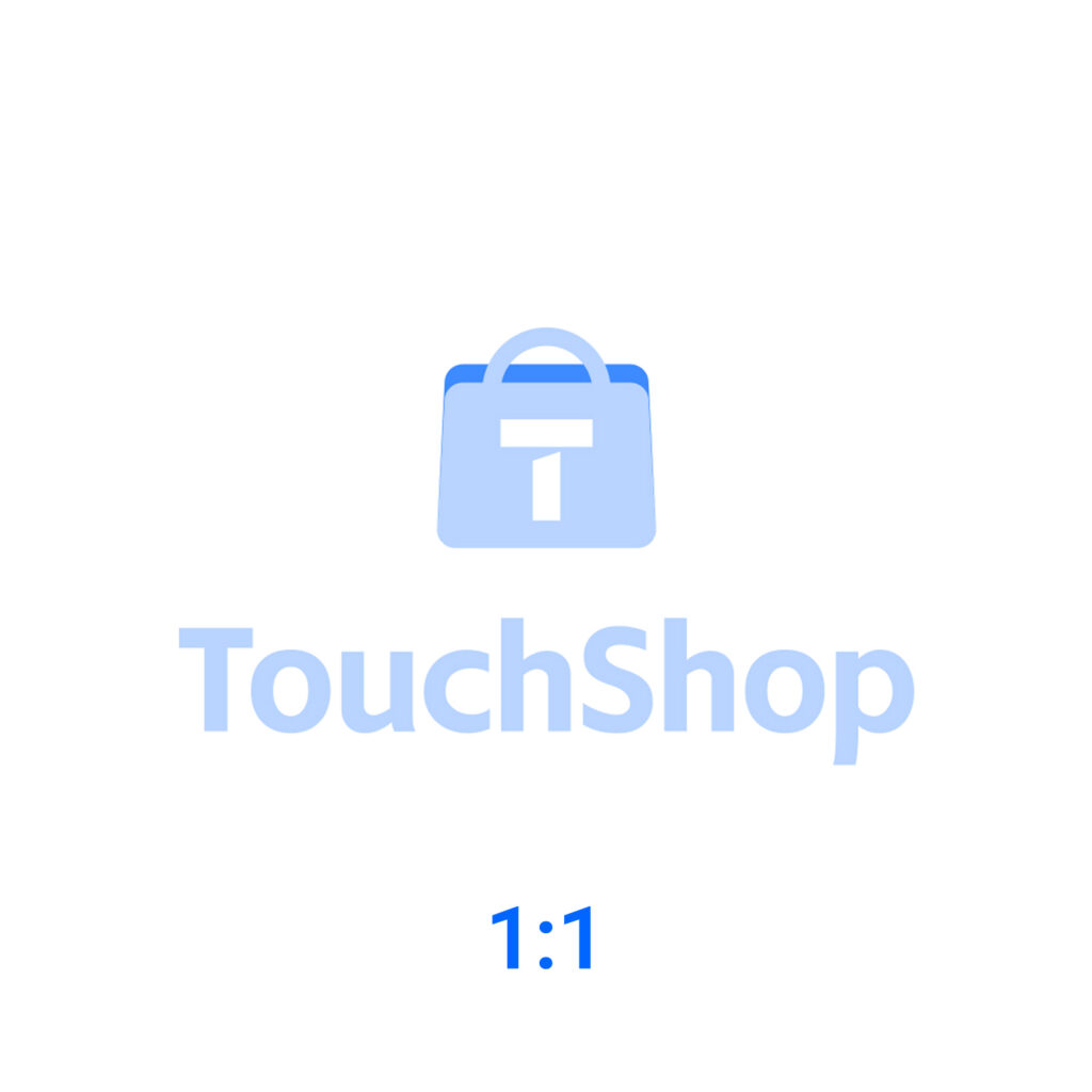 TouchShop brand logo featuring a light blue shopping bag icon with a white T and 1:1 text.