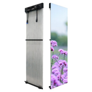 C-Vent P25 transparent LED strip panel showcasing purple flower visuals and its slim silver vertical bar structure.