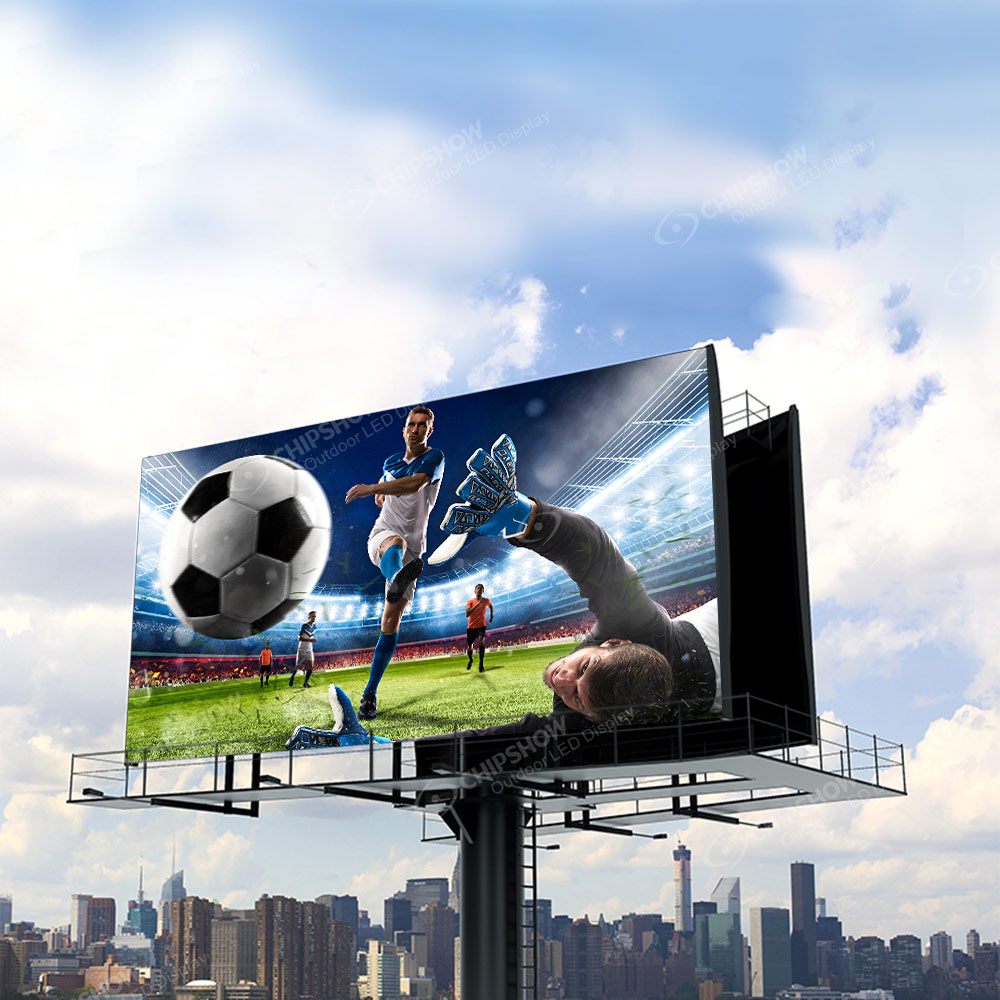 Promotional image of a pole-mounted LED billboard with soccer advertising above a city skyline