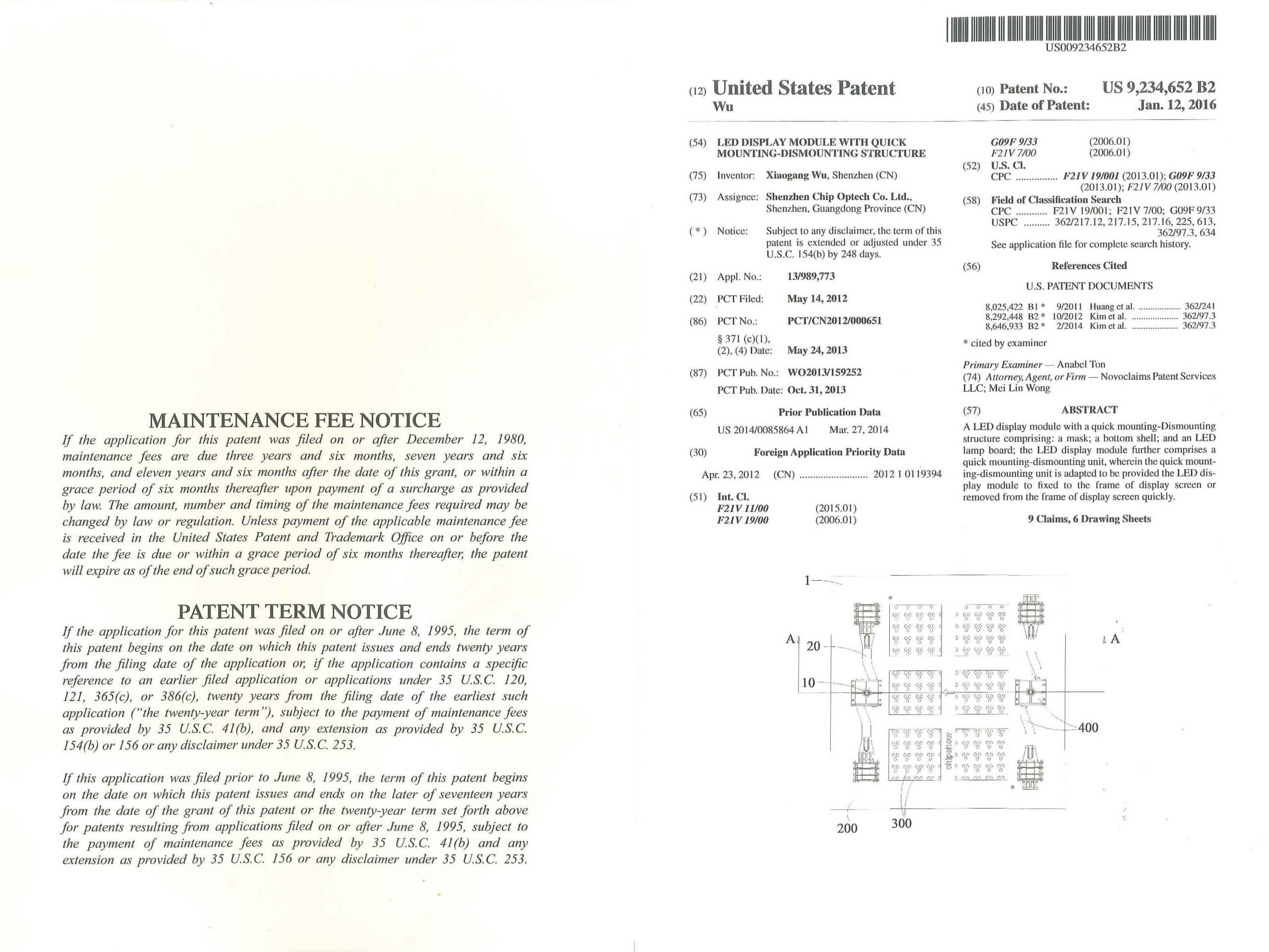 Patent document spread with a notice page, bibliographic text and a technical drawing.