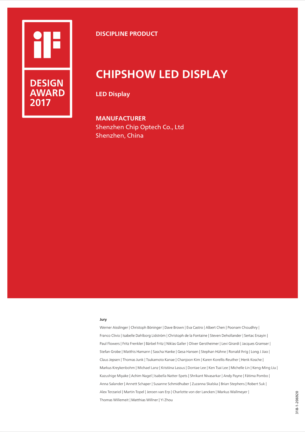 Red-and-white iF Design Award 2017 document naming a Chipshow LED display.