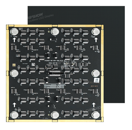 Front and rear views of an LED module with circuit components and mounting points.