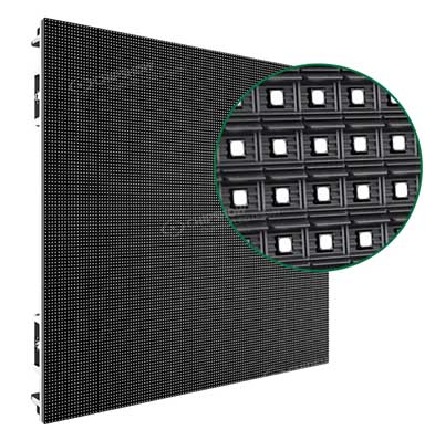 LED display panel with a circular magnified view of its pixel grid.