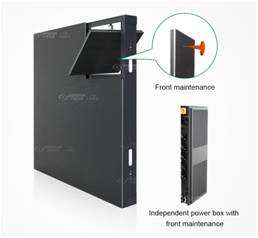 LED cabinet illustration with an opened front module and separate power-box detail.