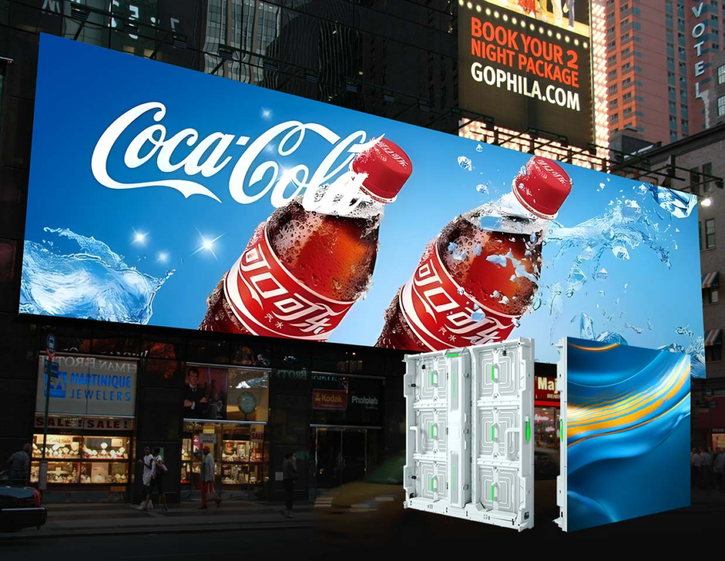 Large outdoor LED billboard display in a city square showing a bright Coca-Cola advertisement