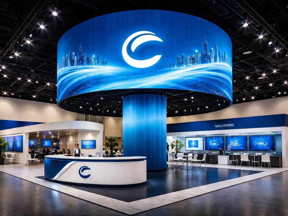 Corporate trade show booth with LED screen