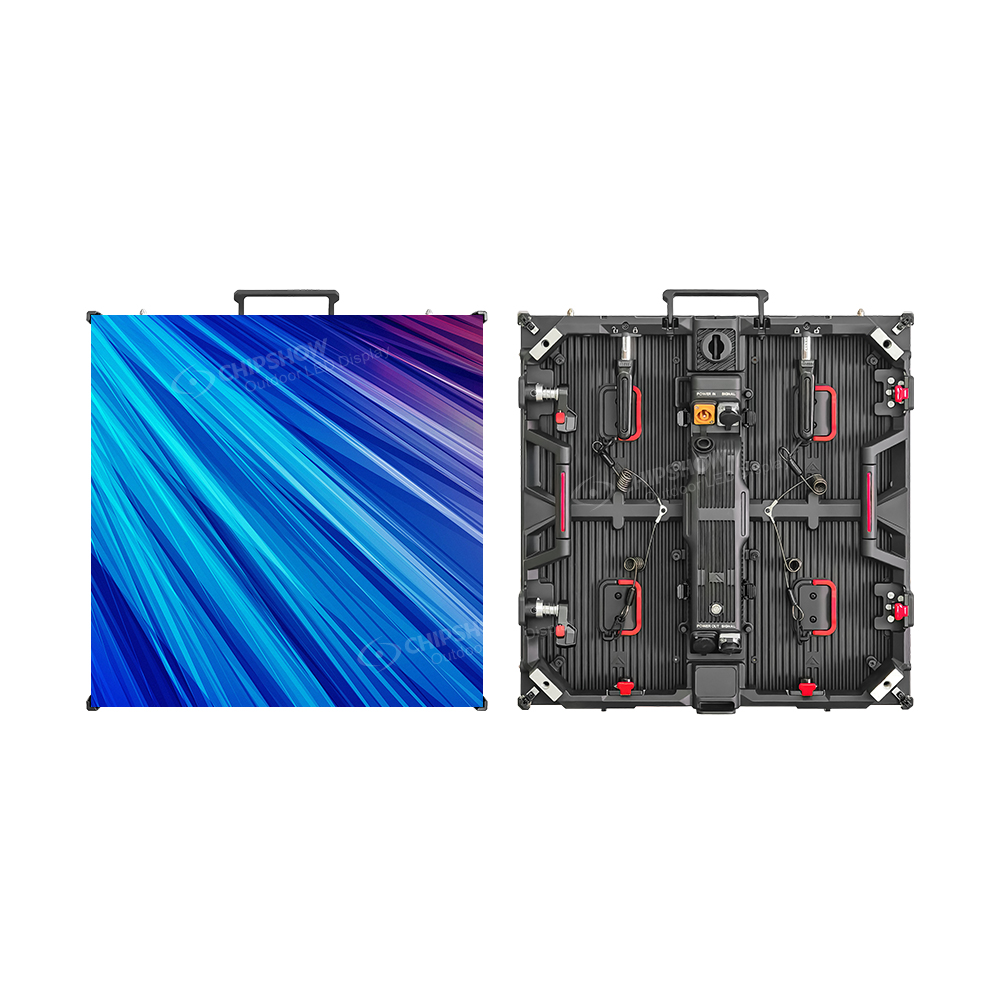 Front and rear view of a 500x500mm rental LED panel with quick-lock system for stage events
