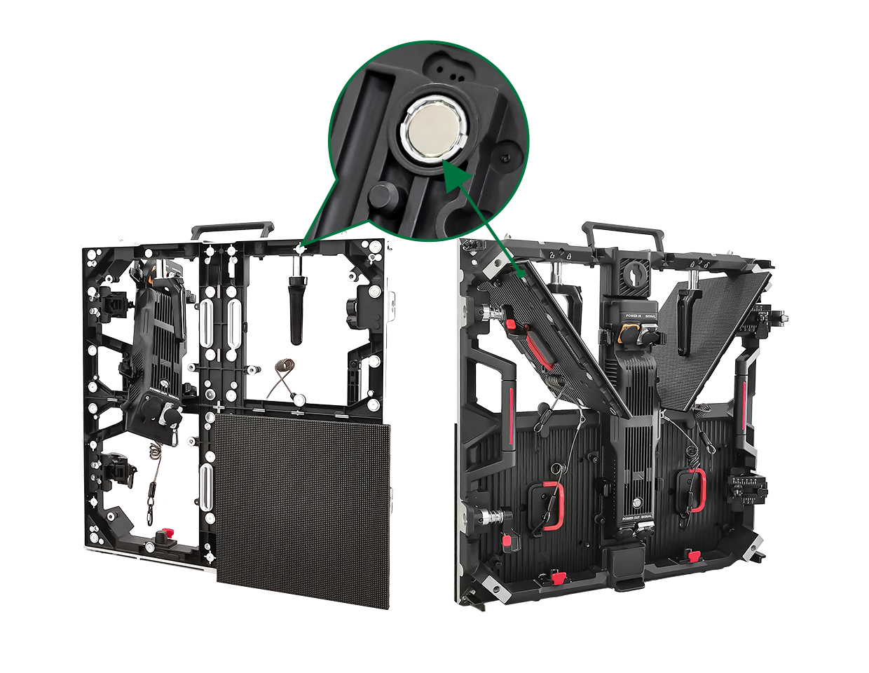 Magnetic LED module with front and rear serviceability for fast maintenance during live stage shows