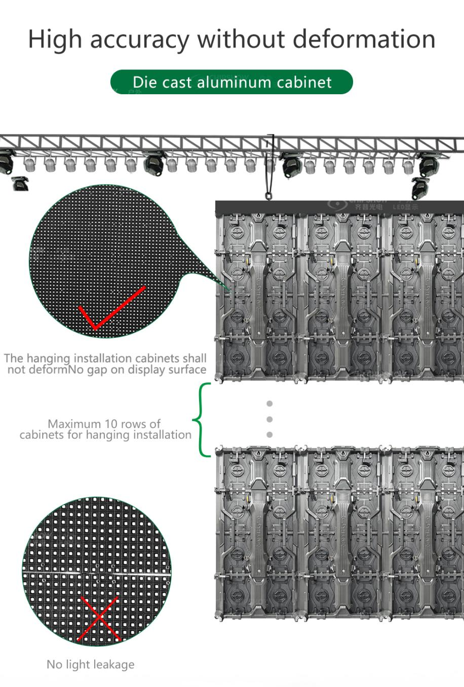 Die-cast aluminum LED cabinets for hanging installation on truss with high accuracy and no gaps