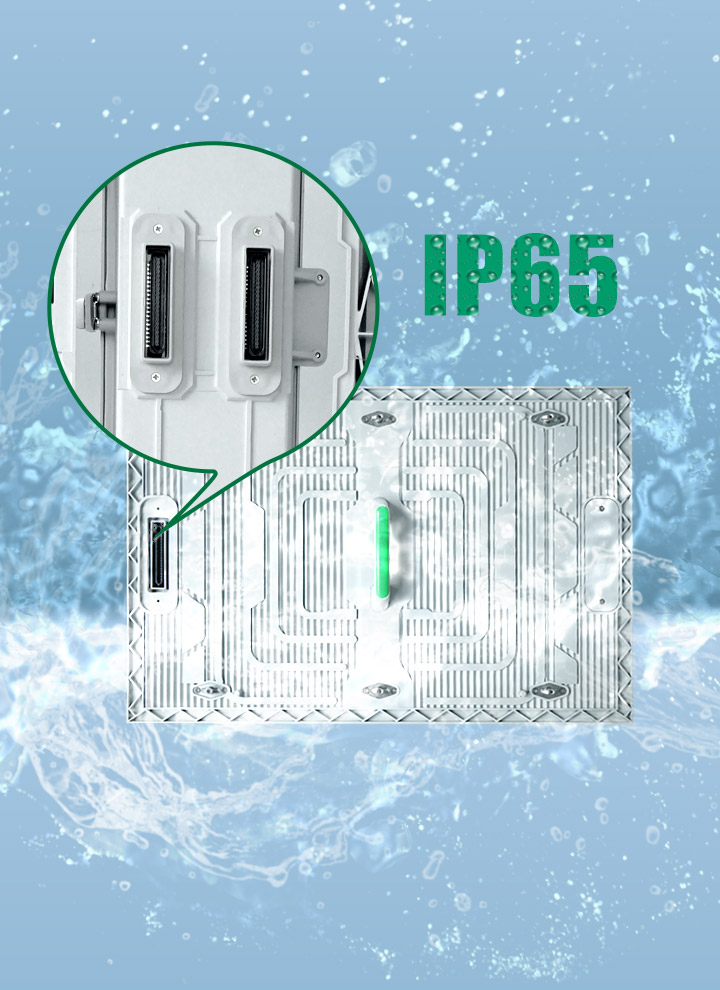 LED display module with IP65 waterproof rating shown surrounded by water splashes, highlighting outdoor weather resistance