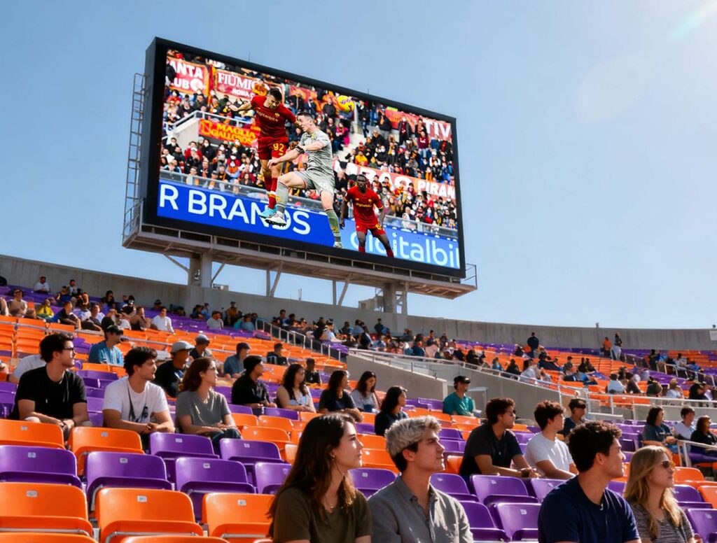 Large LED scoreboard screen displaying a live sports game in a stadium filled with spectators seated in colorful stands