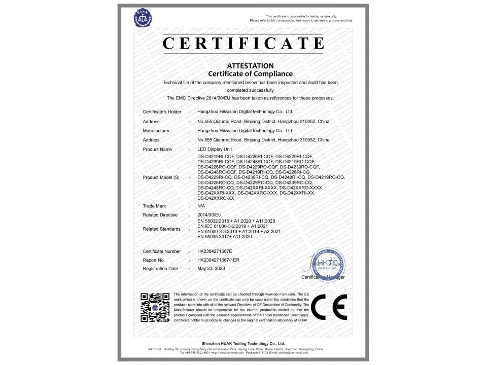 H-Series 500x500 CE-EMC Official Certificate of Compliance
