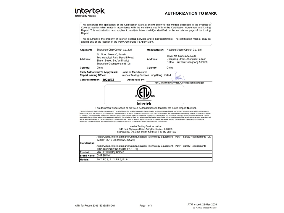 Mini LED COB Series ETL Certificate