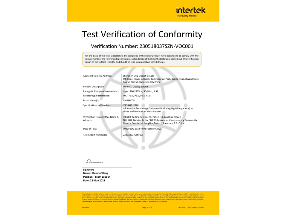 Mini LED Display Screen FCC Certificate