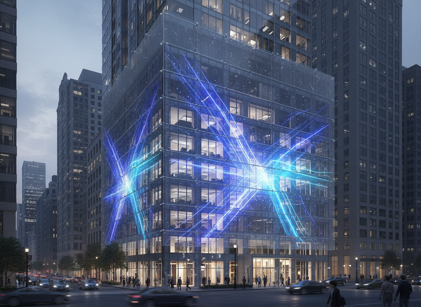 Wind-resistant mesh LED installed on a high-rise façade with visible transparency and a lightweight structure