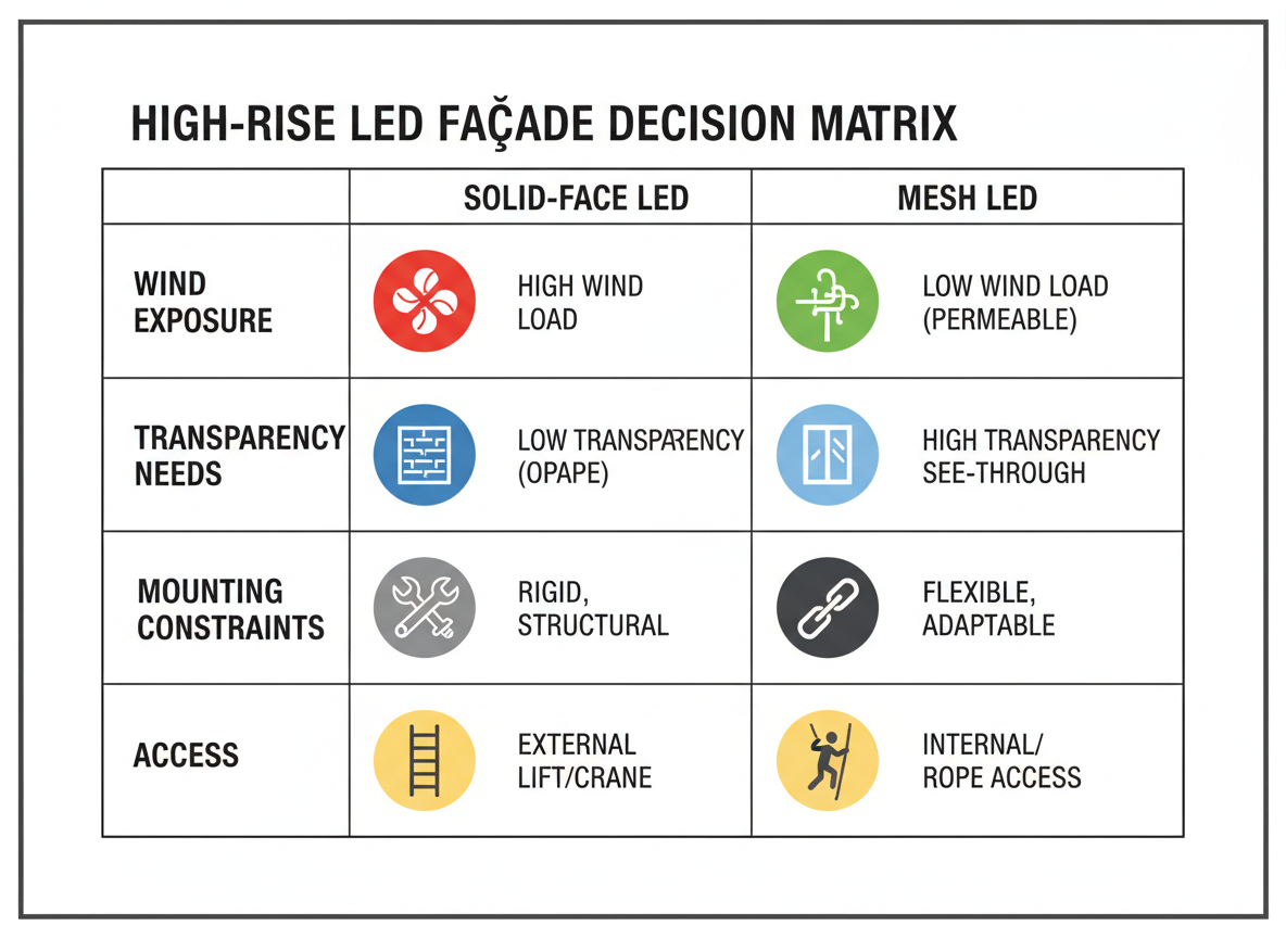 Comparison heatmap showing when solid-face LED or mesh LED is the better fit for high-rise façades