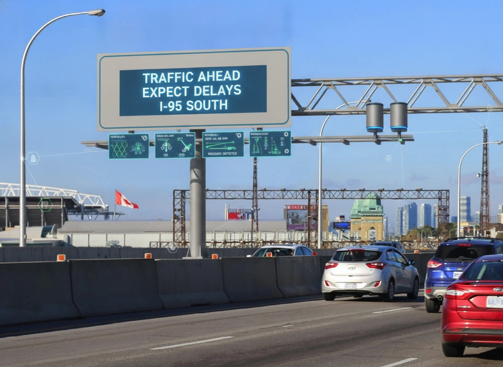 IoT-connected variable message sign on an urban highway gantry with traffic data overlays