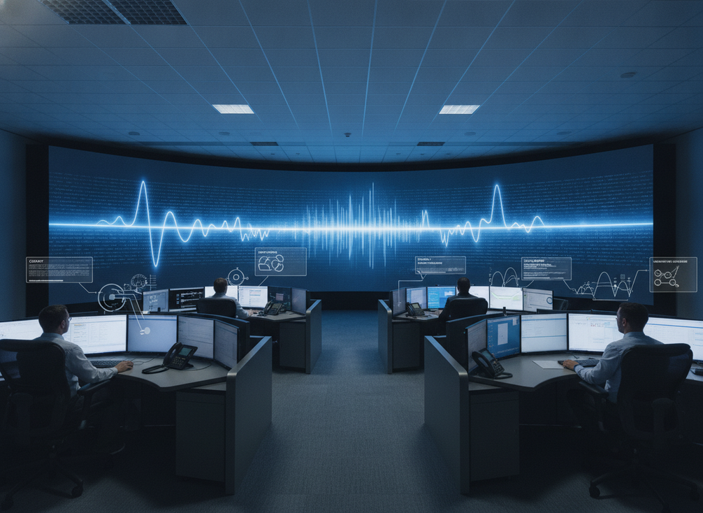 Fine-pitch LED command room with operators reviewing a wall display and cost planning overlays