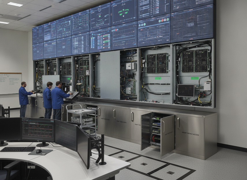 Mission-critical LED wall concept showing front-service access and operating-cost emphasis
