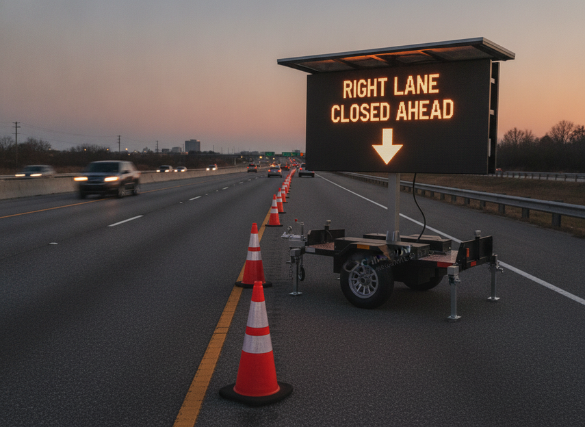 Portable VMS LED sign on a highway work-zone trailer with amber message display