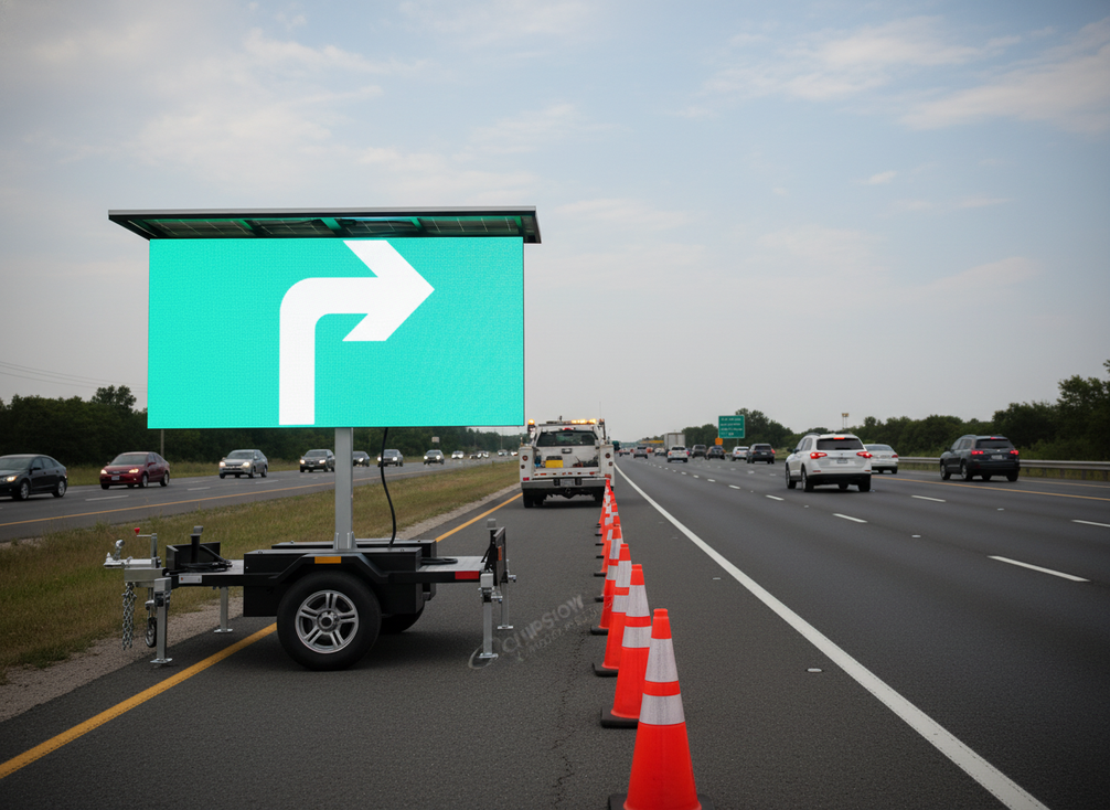 Portable VMS LED sign with trailer-mounted deployment