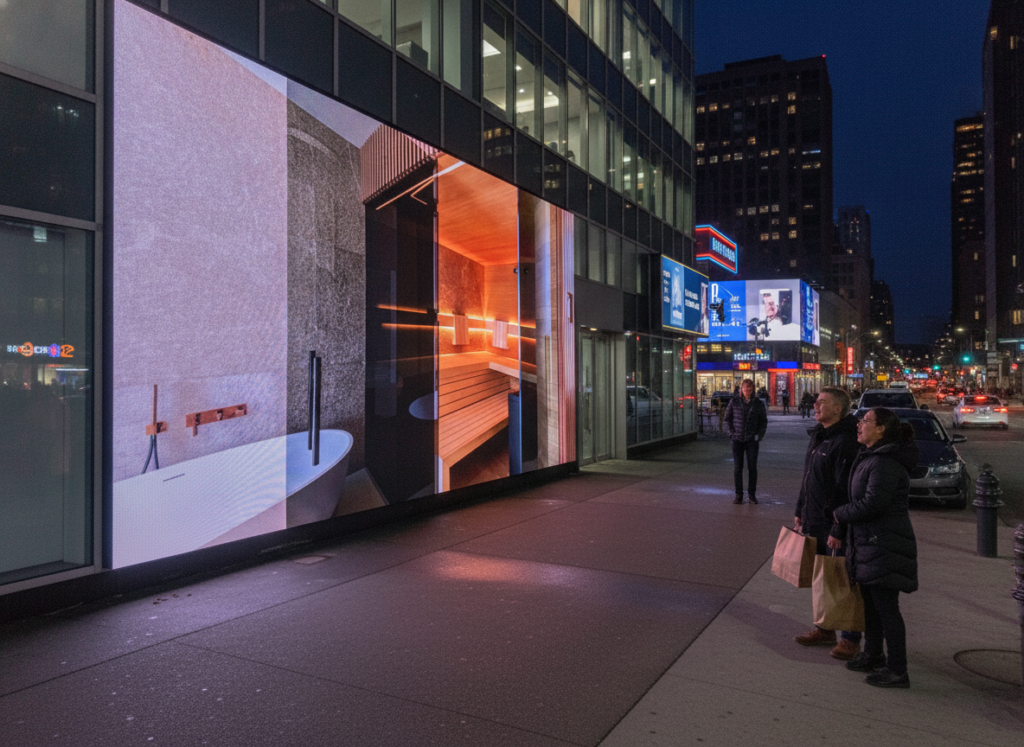 Anamorphic 3D LED billboard viewed from a street-level perspective