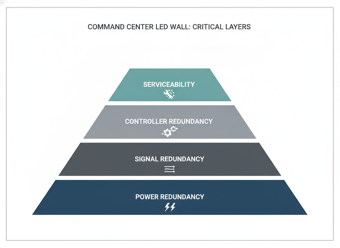 Diagram of power, signal, controller, and serviceability layers for a command center LED wall