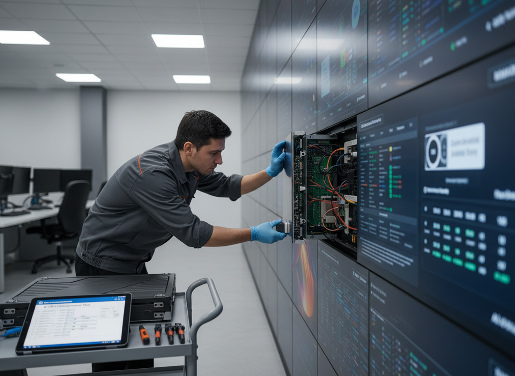 Front-service LED wall cabinet access in a control room