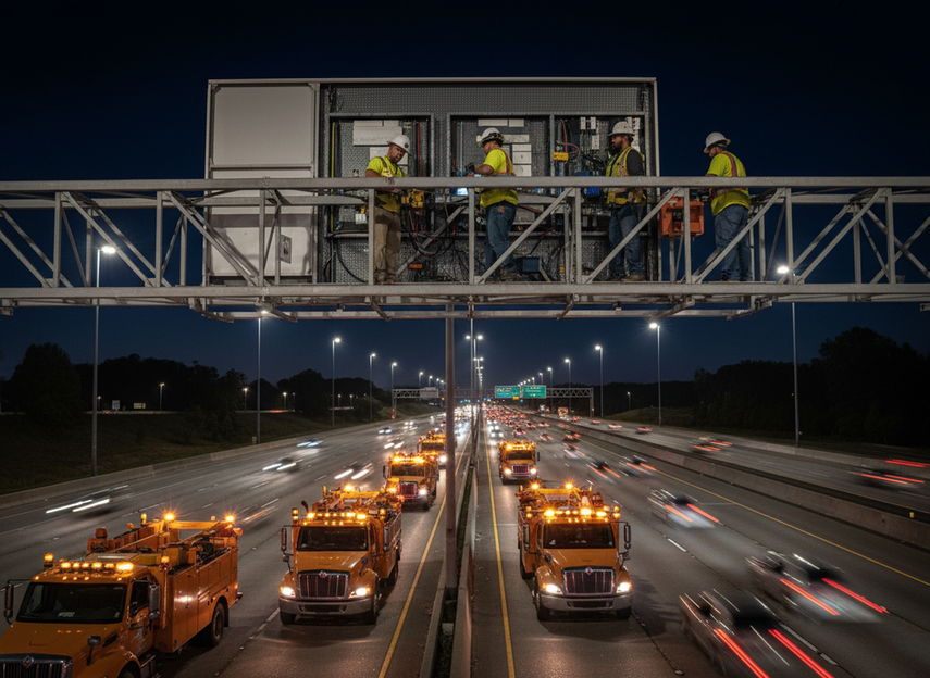 Highway variable message sign being serviced during nighttime roadway maintenance