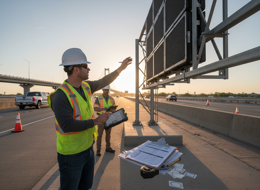 Engineer reviewing a highway VMS compliance checklist during a site walk