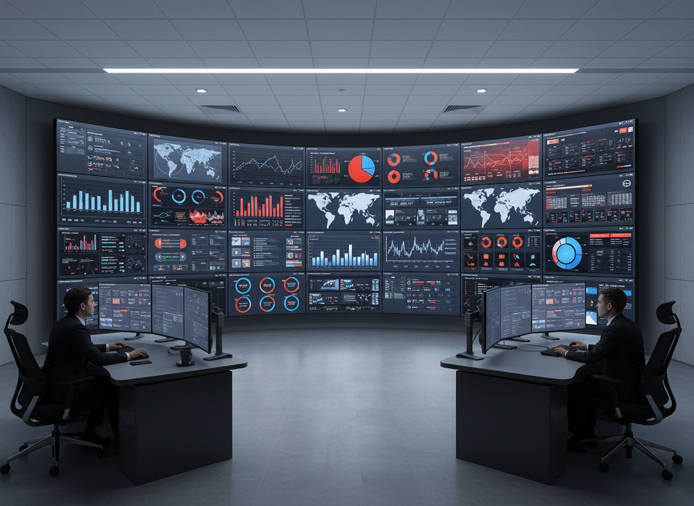 Command center operators reviewing a fine-pitch LED wall