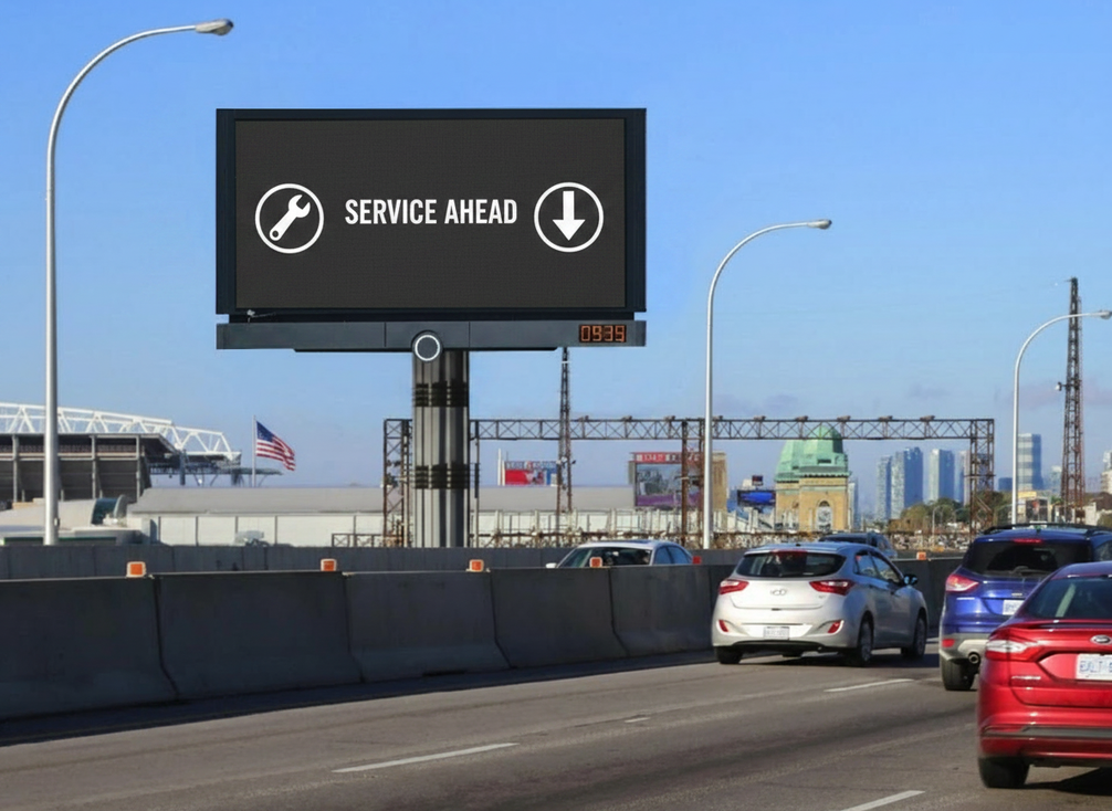 Highway VMS LED displays on a roadway gantry