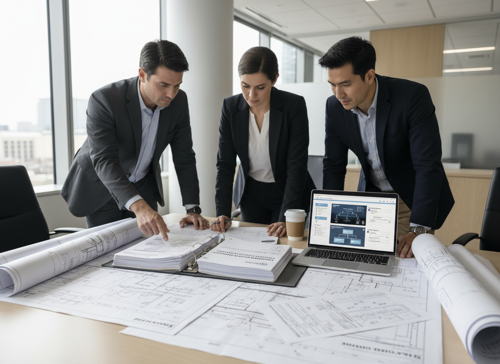 Procurement team reviewing highway VMS compliance documents