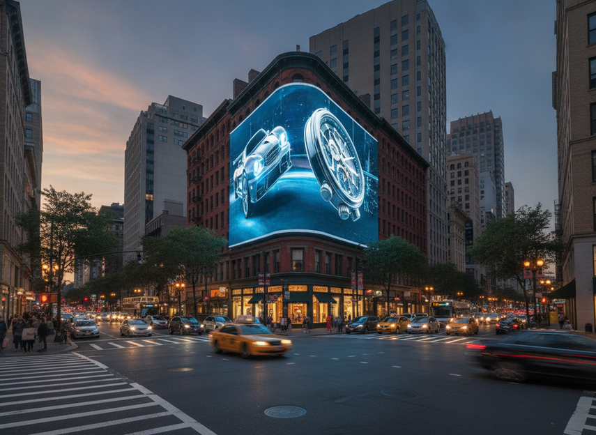 Outdoor LED billboard with anamorphic 3D-style campaign artwork viewed from a street corner