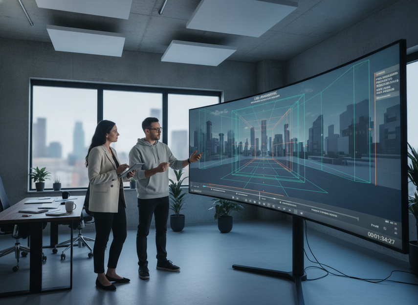 Creative production workstation showing anamorphic 3D billboard layout on a large monitor, with screen geometry notes and playback review tools visible.