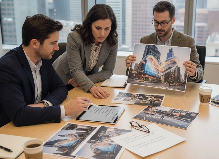 Media buyers and creative teams reviewing a 3D DOOH launch checklist on a tablet beside outdoor screen mockups and site photos.