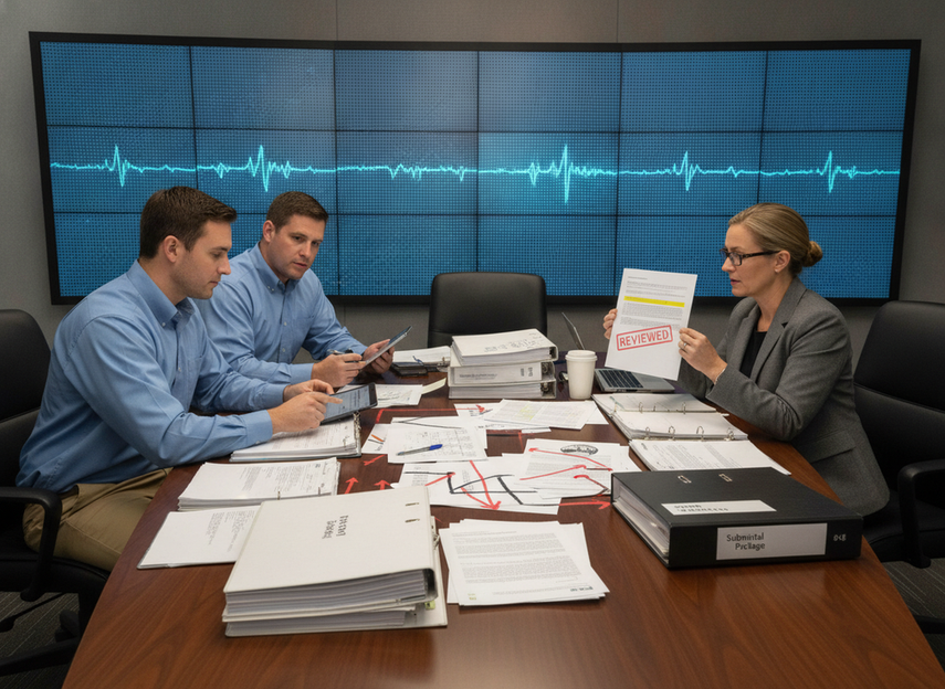Technicians reviewing a command-center LED wall specification package during procurement review