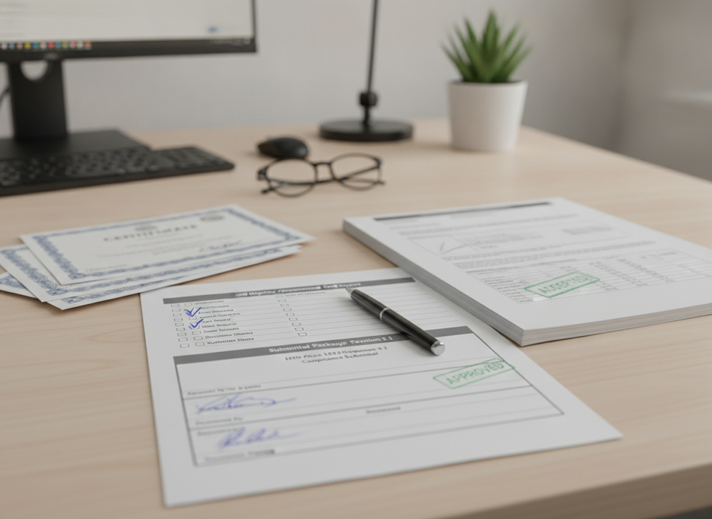 Buyer checklist for LED display compliance documents on a desk