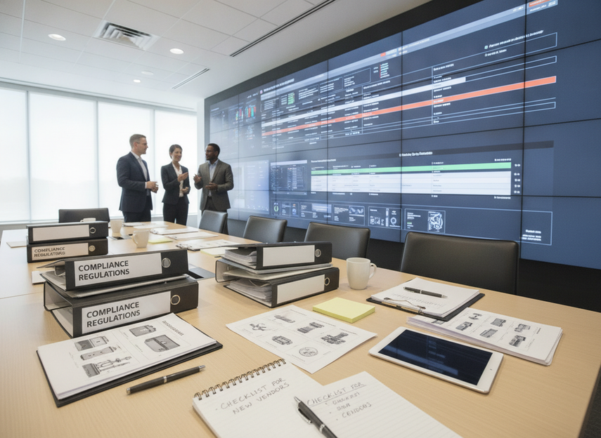 Procurement team reviewing LED display compliance documents beside a command room video wall plan