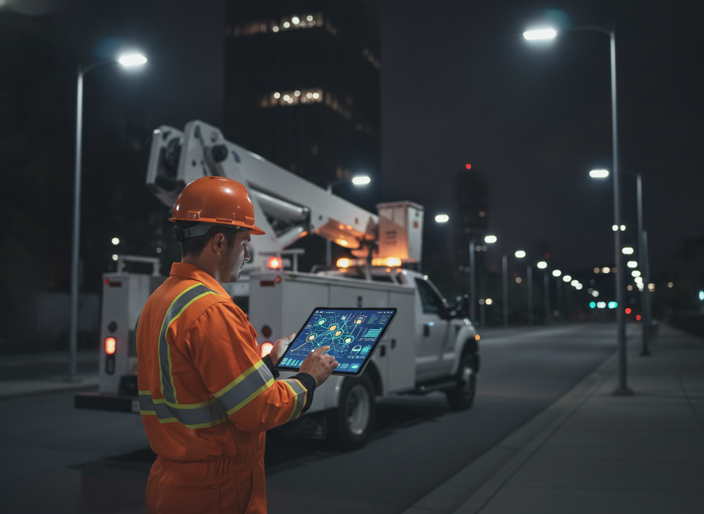 A municipal technician reviews a citywide LED lighting dashboard while standing near a nighttime streetlight maintenance vehicle.