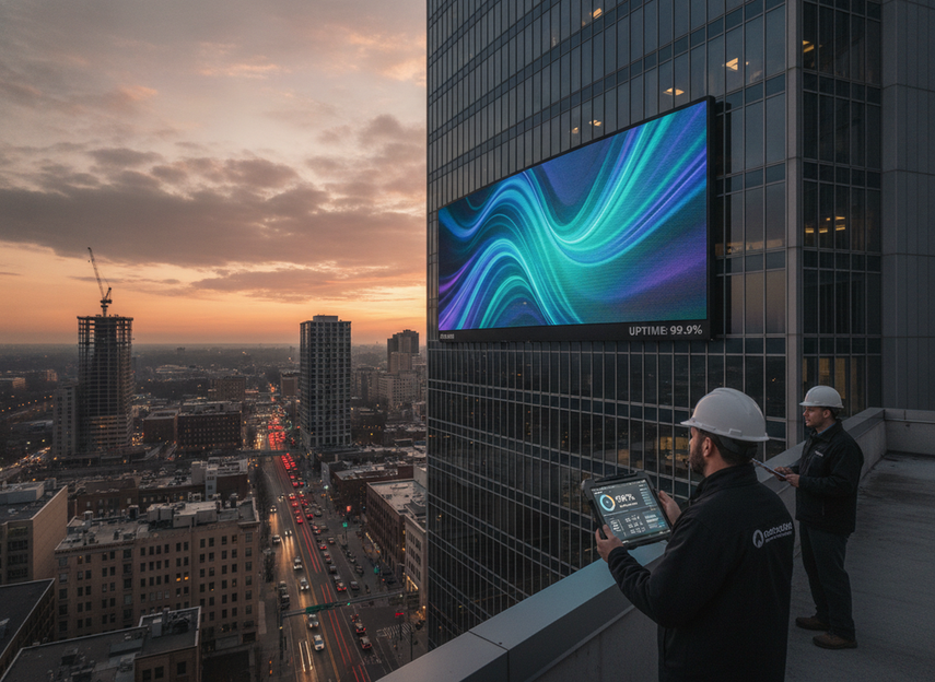An outdoor digital billboard at dusk with a technician checking system status on a tablet, showing reliable uptime and remote monitoring for LED signage.