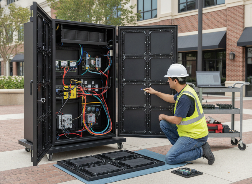 A front-service LED display cabinet open for maintenance, with a technician accessing internal components safely from the front.