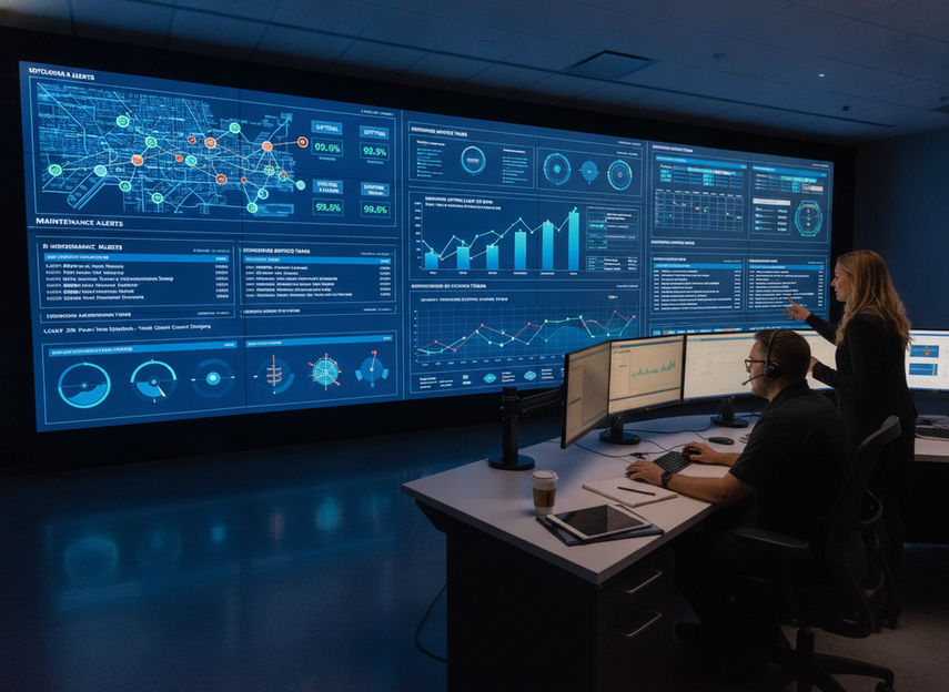 A maintenance planning dashboard beside an outdoor LED network map, showing status checks, alerts, and scheduled service tasks.
