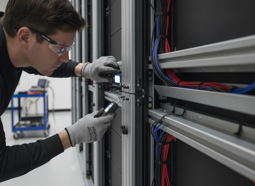 Body image 1: technician inspecting LED cabinet alignment and cable routing during installation