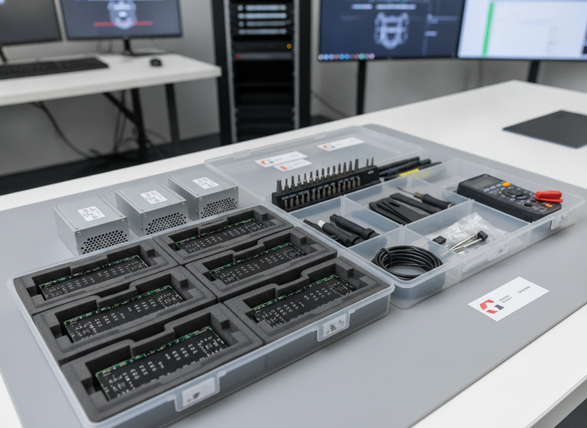 Body image 2: neatly organized spare parts kit with labeled LED modules, power supplies, and service tools