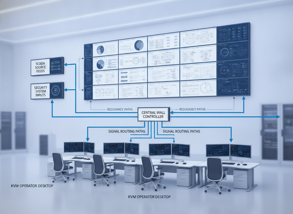 Control room LED wall integration diagram showing source feeds, KVM operator desktops, SCADA inputs, security systems, and wall controller connections