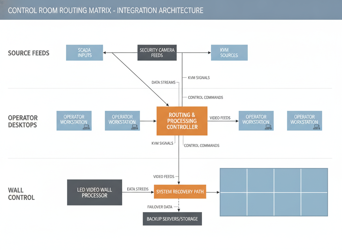 Control room routing matrix with source feeds, operator desktops, and wall control separated into distinct paths