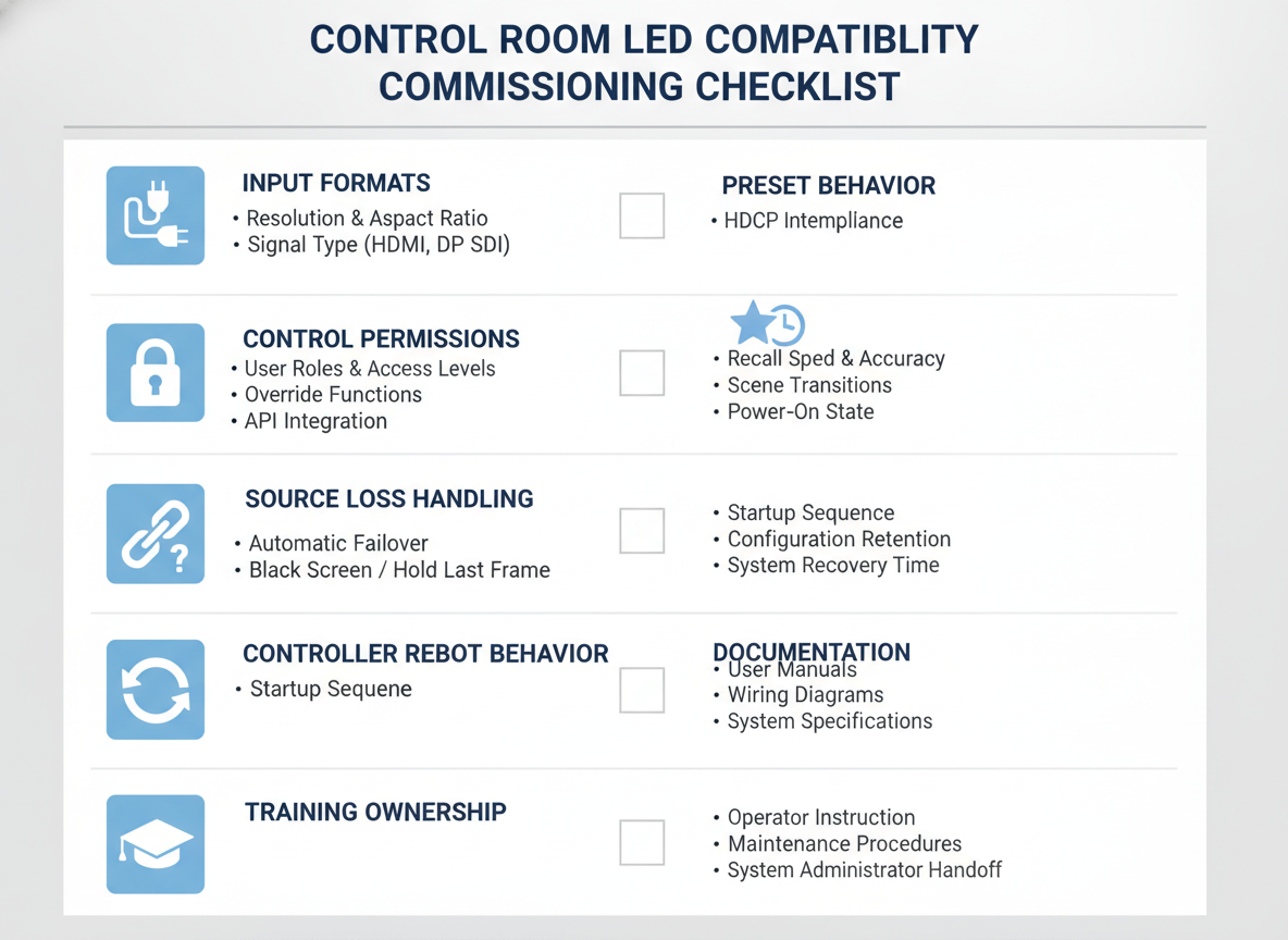 Commissioning checklist for control room LED compatibility testing with SCADA, KVM, and security software