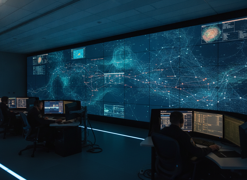 Fine-pitch command center LED wall in a control room