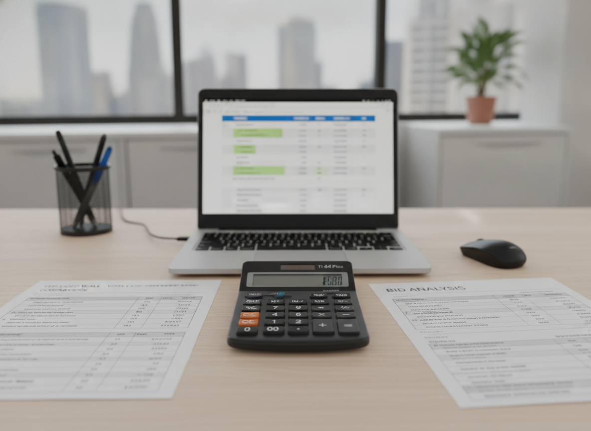 Desk with a bid analysis worksheet, printed cost sheets and a calculator used to compare LED display quotes